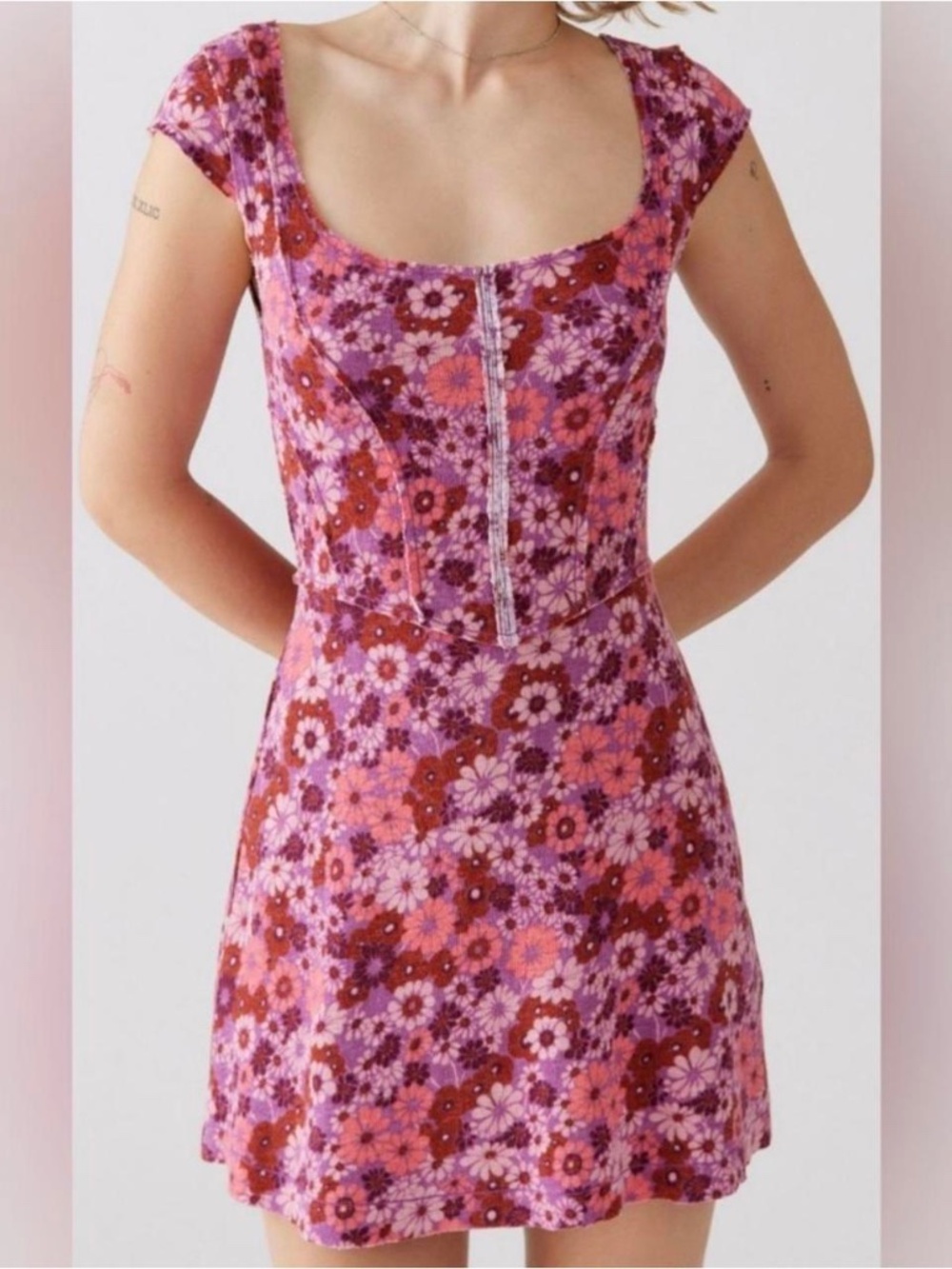 Urban Outfitters Pink Floral Sleeveless Fit & Flare Mini Dress Medium